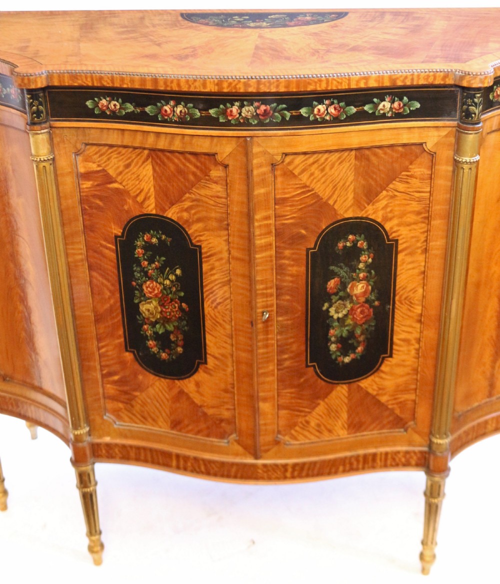 Edwardian Satinwood Serpentine 2 Door Side Cabinet with Painted Decoration View VII
