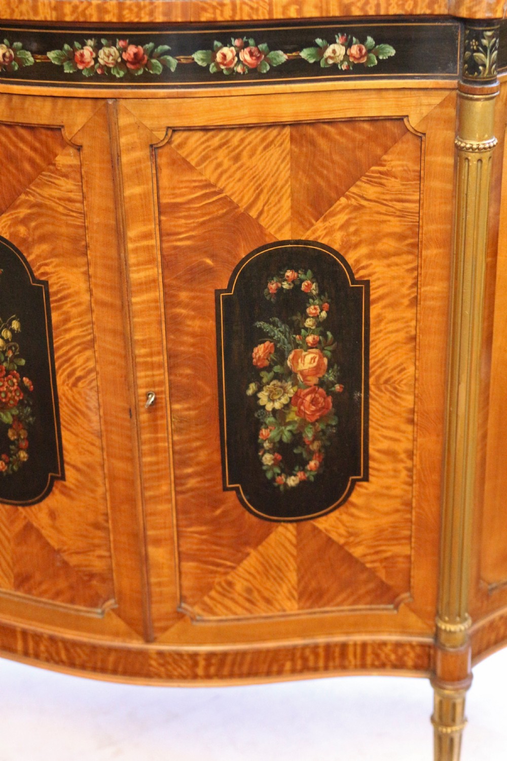 Edwardian Satinwood Serpentine 2 Door Side Cabinet with Painted Decoration View VIII
