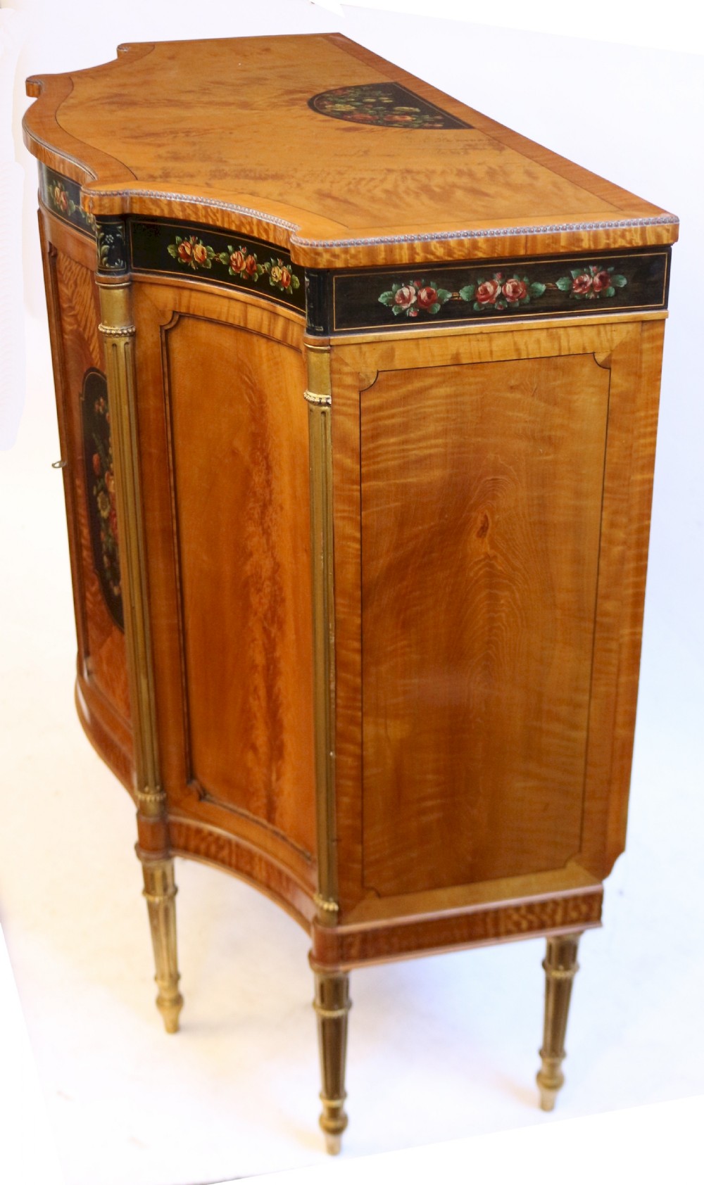 Edwardian Satinwood Serpentine 2 Door Side Cabinet with Painted Decoration View XI