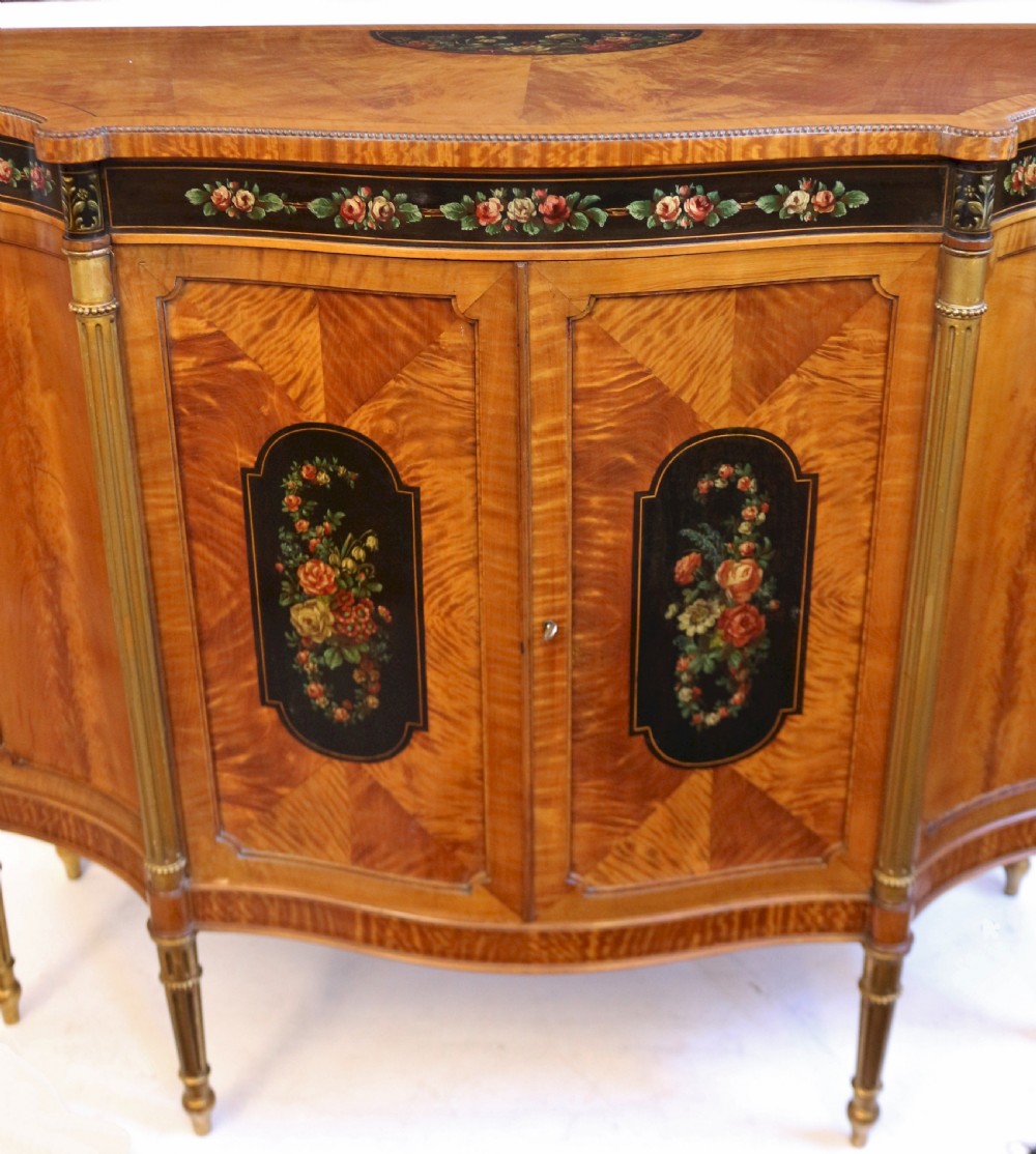 Edwardian Satinwood Serpentine 2 Door Side Cabinet with Painted Decoration View XIII