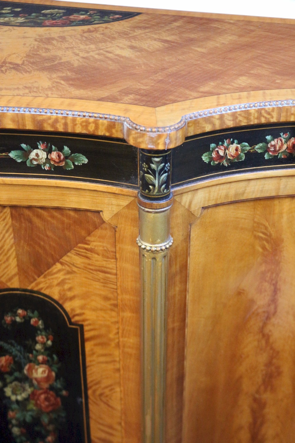 Edwardian Satinwood Serpentine 2 Door Side Cabinet with Painted Decoration View XV