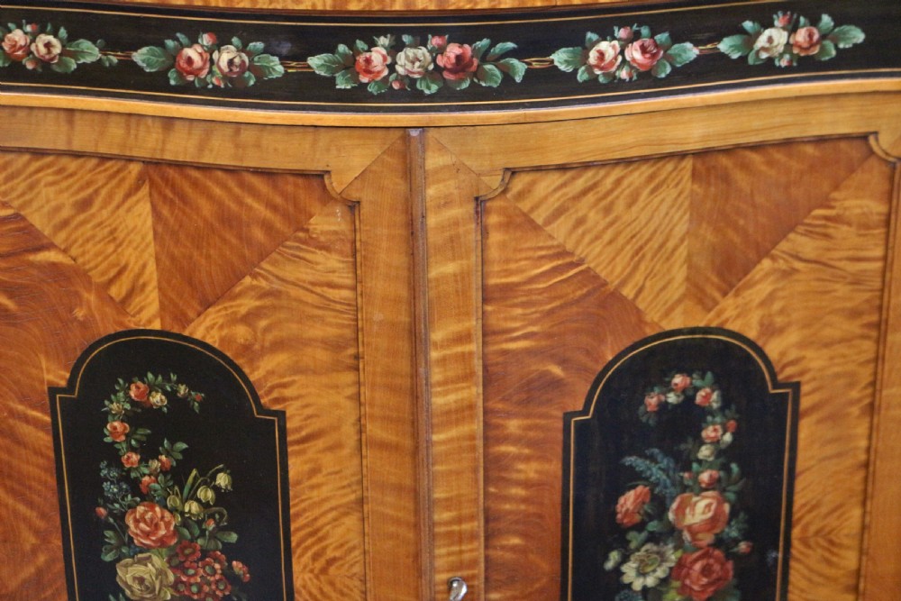 Edwardian Satinwood Serpentine 2 Door Side Cabinet with Painted Decoration View XVI