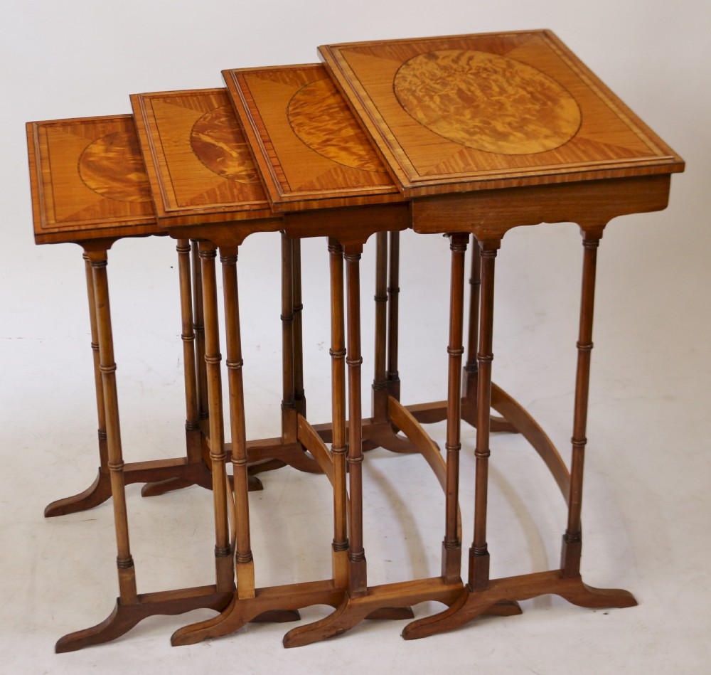 Fine Quality Edwardian Satinwood Inlaid Nest of 4 Coffee Tables View III