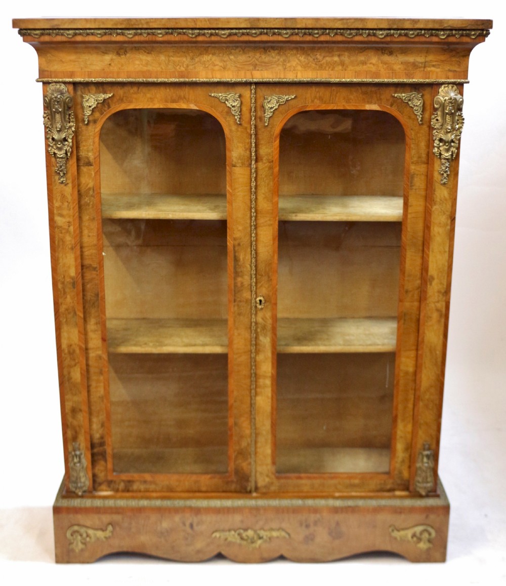 Victorian Figured Walnut Ormolu Mounted Large 2 Door Pier Display Cabinet