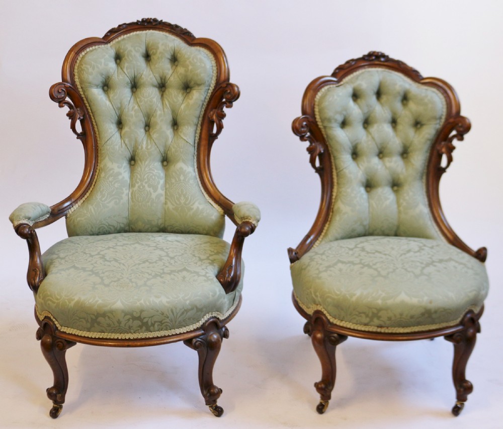 Fine Pair of Victorian Walnut Ladies and Gents Chairs