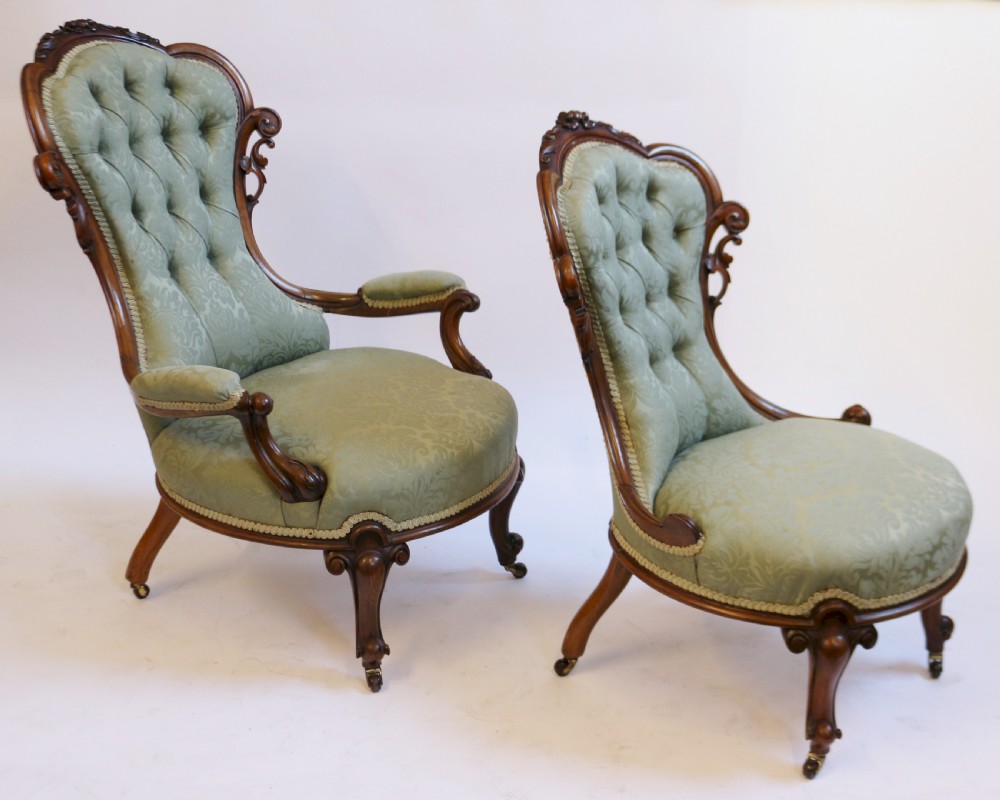 Fine Pair of Victorian Walnut Ladies and Gents Chairs View II