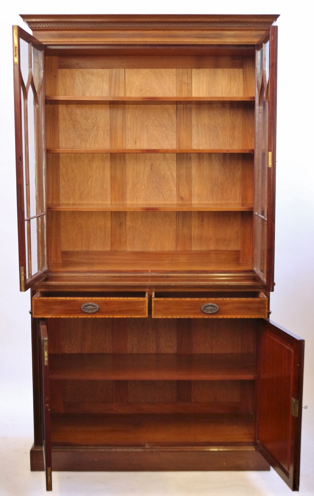 Edwardian Mahogany Satinwood Banded Cupboard Base Bookcase by Waring & Gillow View II