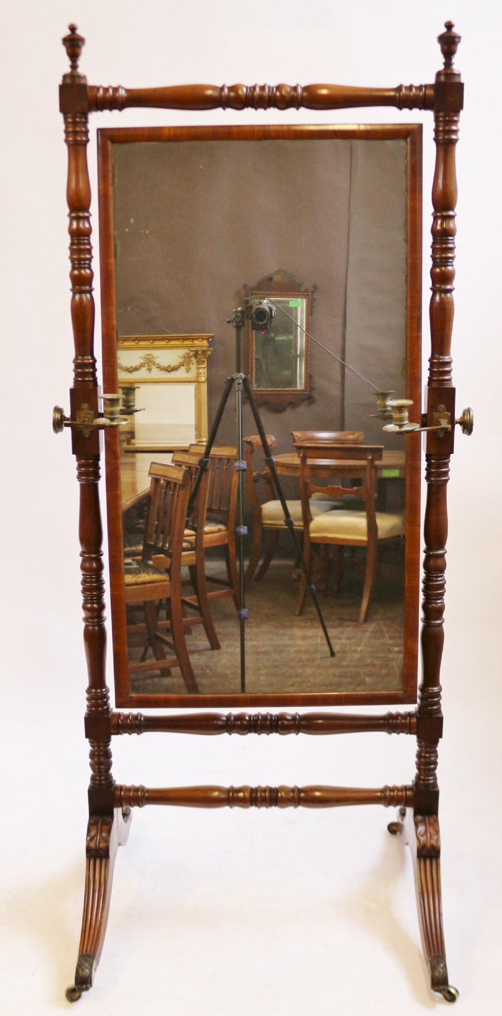 Regency Mahogany Cheval Mirror within Ring Turned Frame