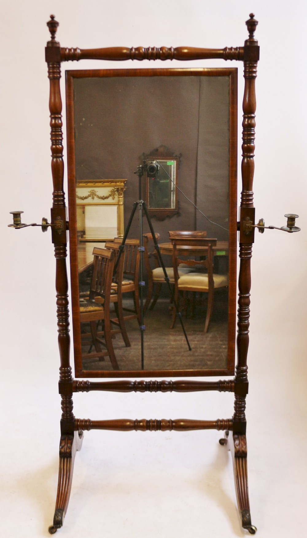 Regency Mahogany Cheval Mirror within Ring Turned Frame View II