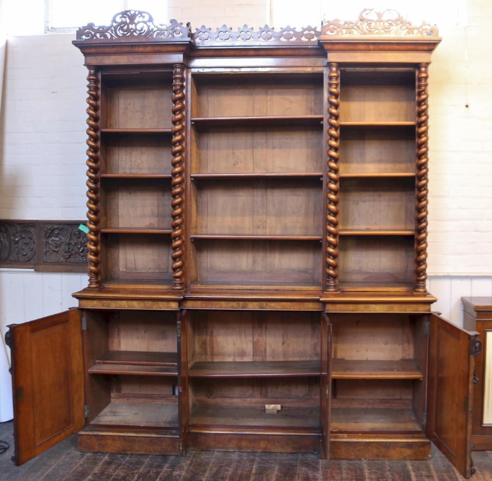 Victorian Large Figured Walnut Open Top Inverted Breakfront Bookcase View II