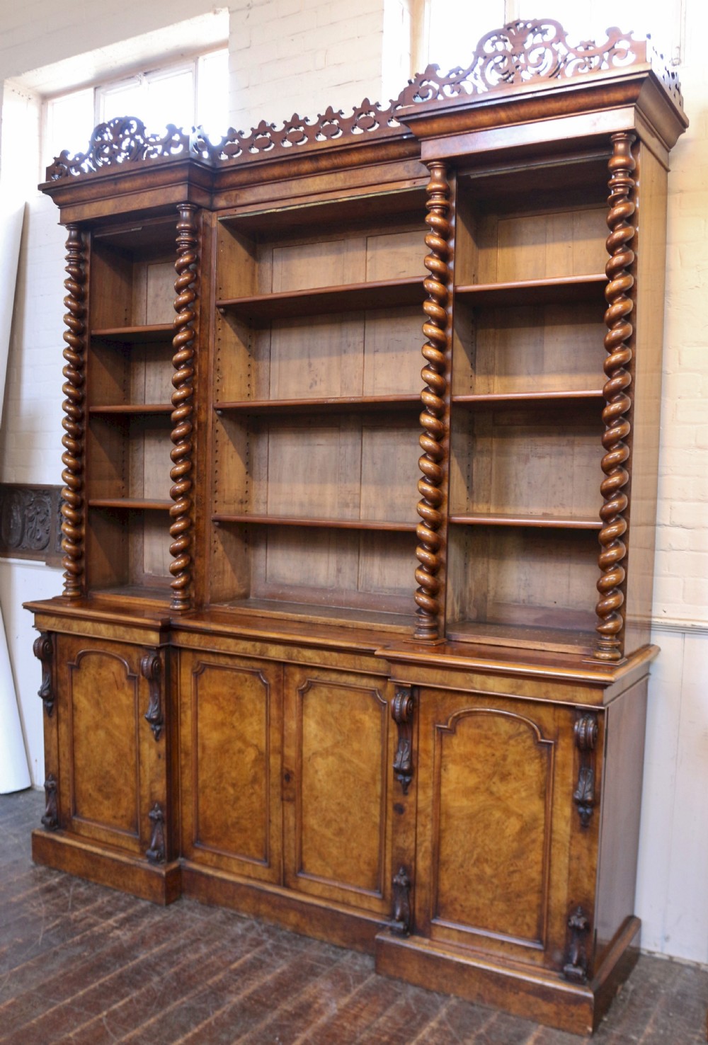 Victorian Large Figured Walnut Open Top Inverted Breakfront Bookcase View III