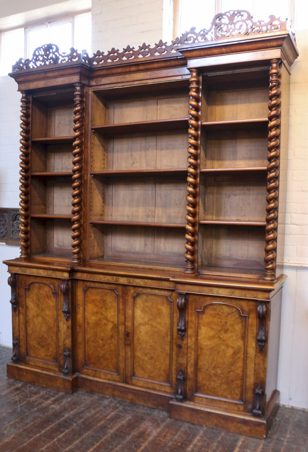 Victorian Large Figured Walnut Open Top Inverted Breakfront Bookcase View IV