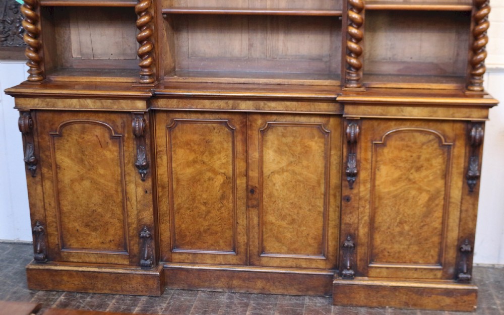 Victorian Large Figured Walnut Open Top Inverted Breakfront Bookcase View V