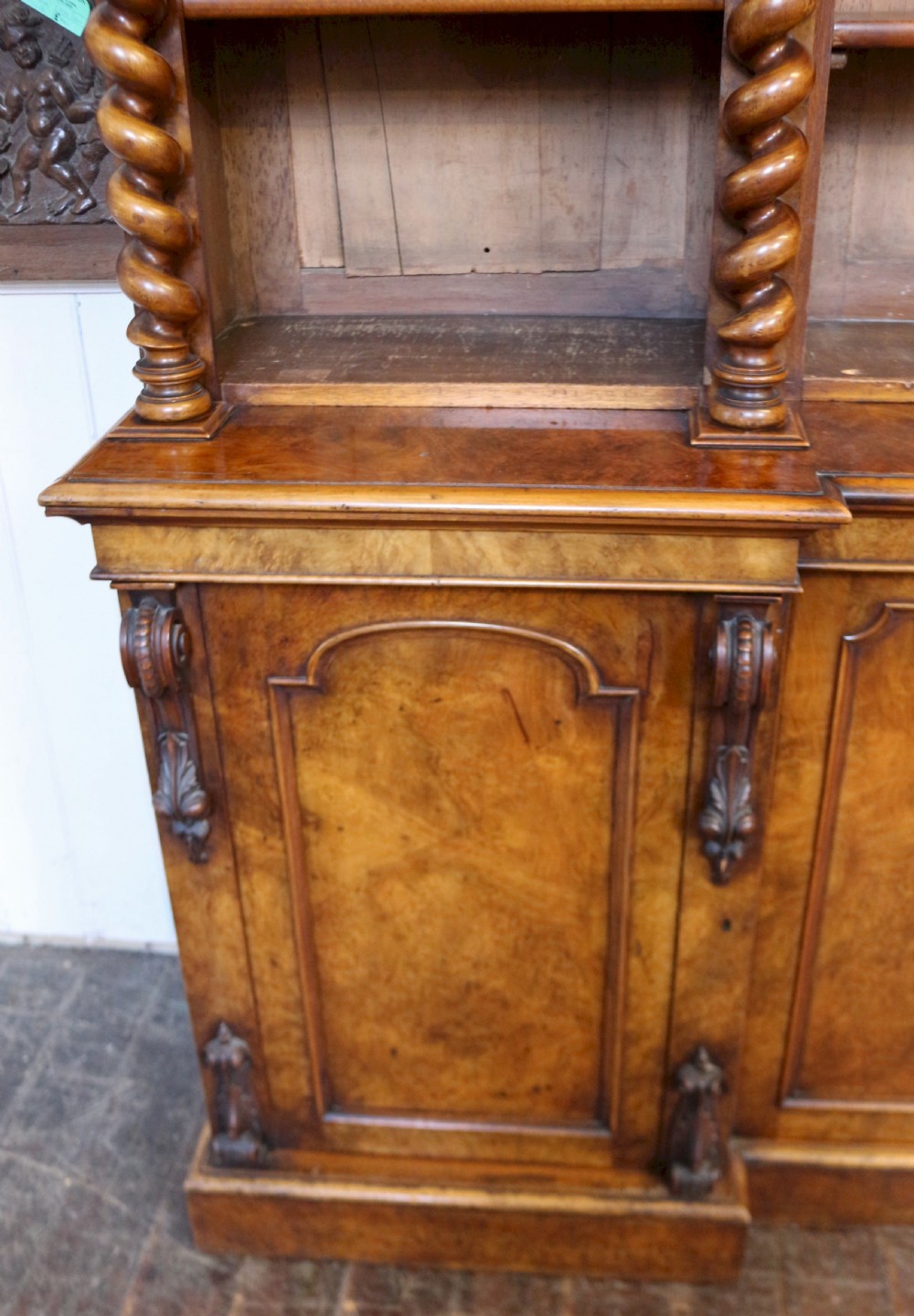Victorian Large Figured Walnut Open Top Inverted Breakfront Bookcase View VIII