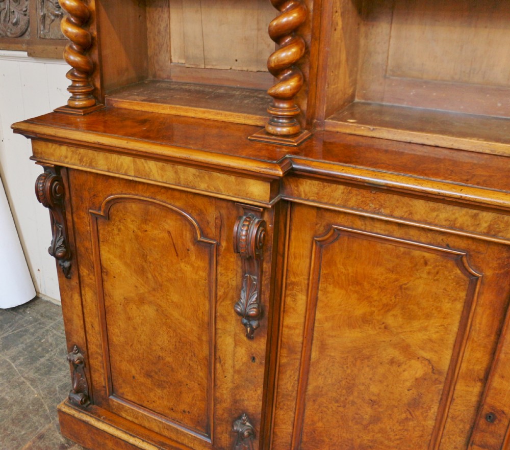 Victorian Large Figured Walnut Open Top Inverted Breakfront Bookcase View IX