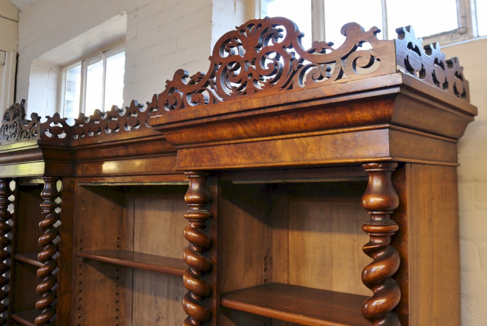 Victorian Large Figured Walnut Open Top Inverted Breakfront Bookcase View XII