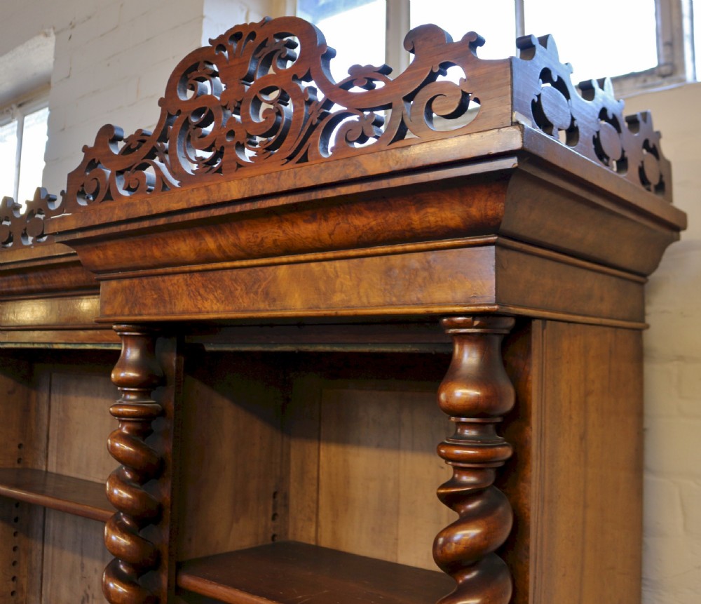 Victorian Large Figured Walnut Open Top Inverted Breakfront Bookcase View XIII
