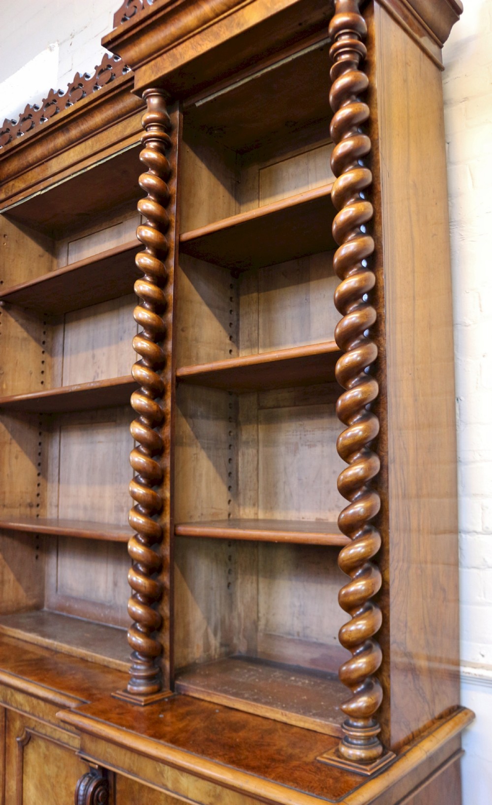 Victorian Large Figured Walnut Open Top Inverted Breakfront Bookcase View XIV