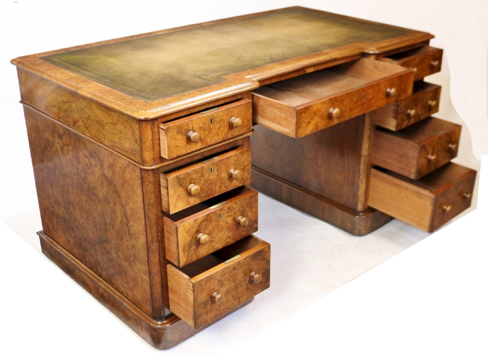 Good Quality Victorian Figured Walnut 3 Part 9 Drawer Kneehole Desk View III