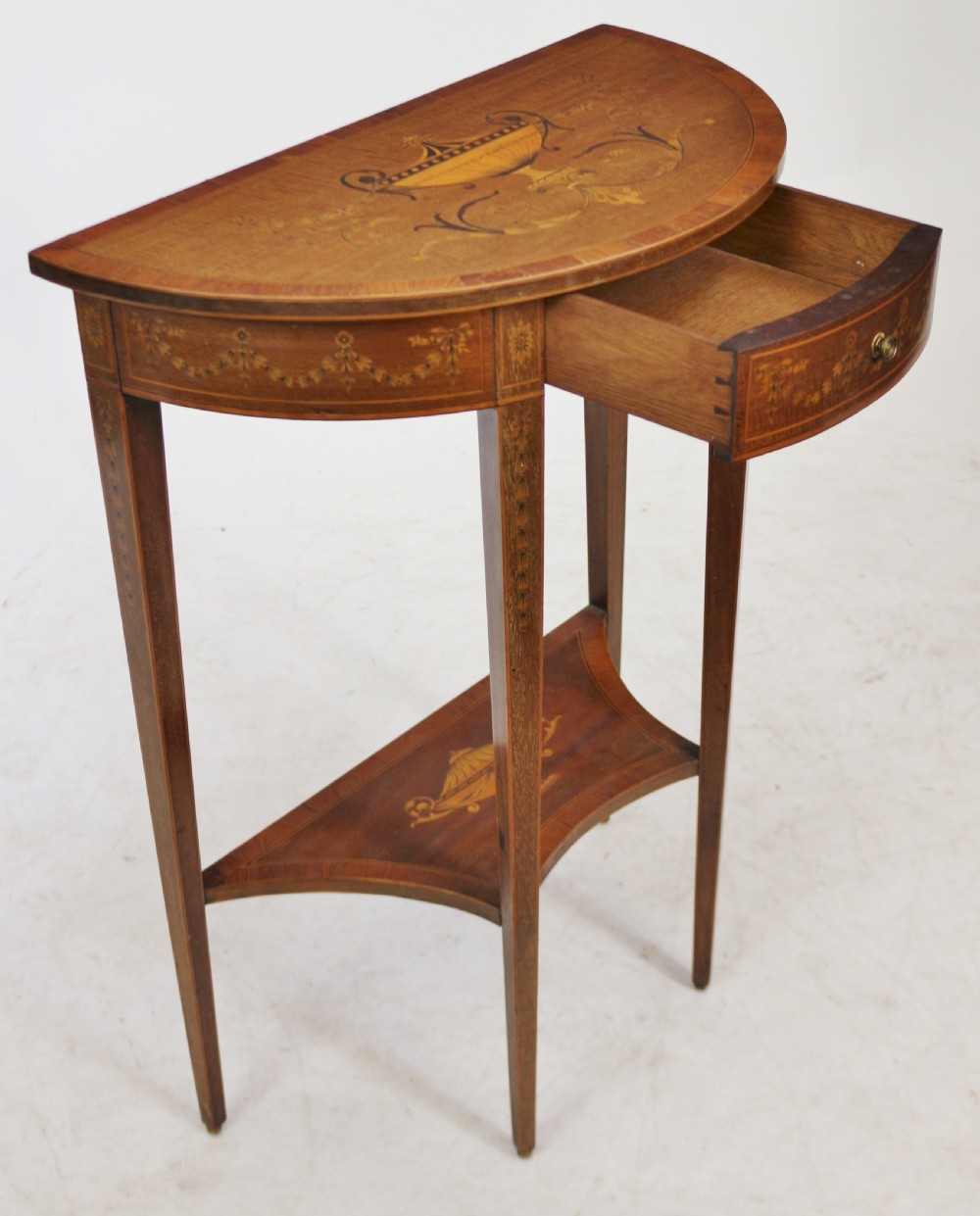 Fine Edwardian Inlaid Mahogany Demi Lune Side Console Table View II