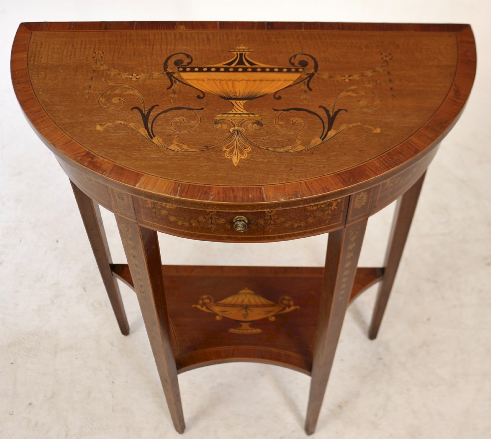Fine Edwardian Inlaid Mahogany Demi Lune Side Console Table View IV