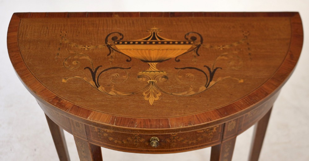 Fine Edwardian Inlaid Mahogany Demi Lune Side Console Table View V