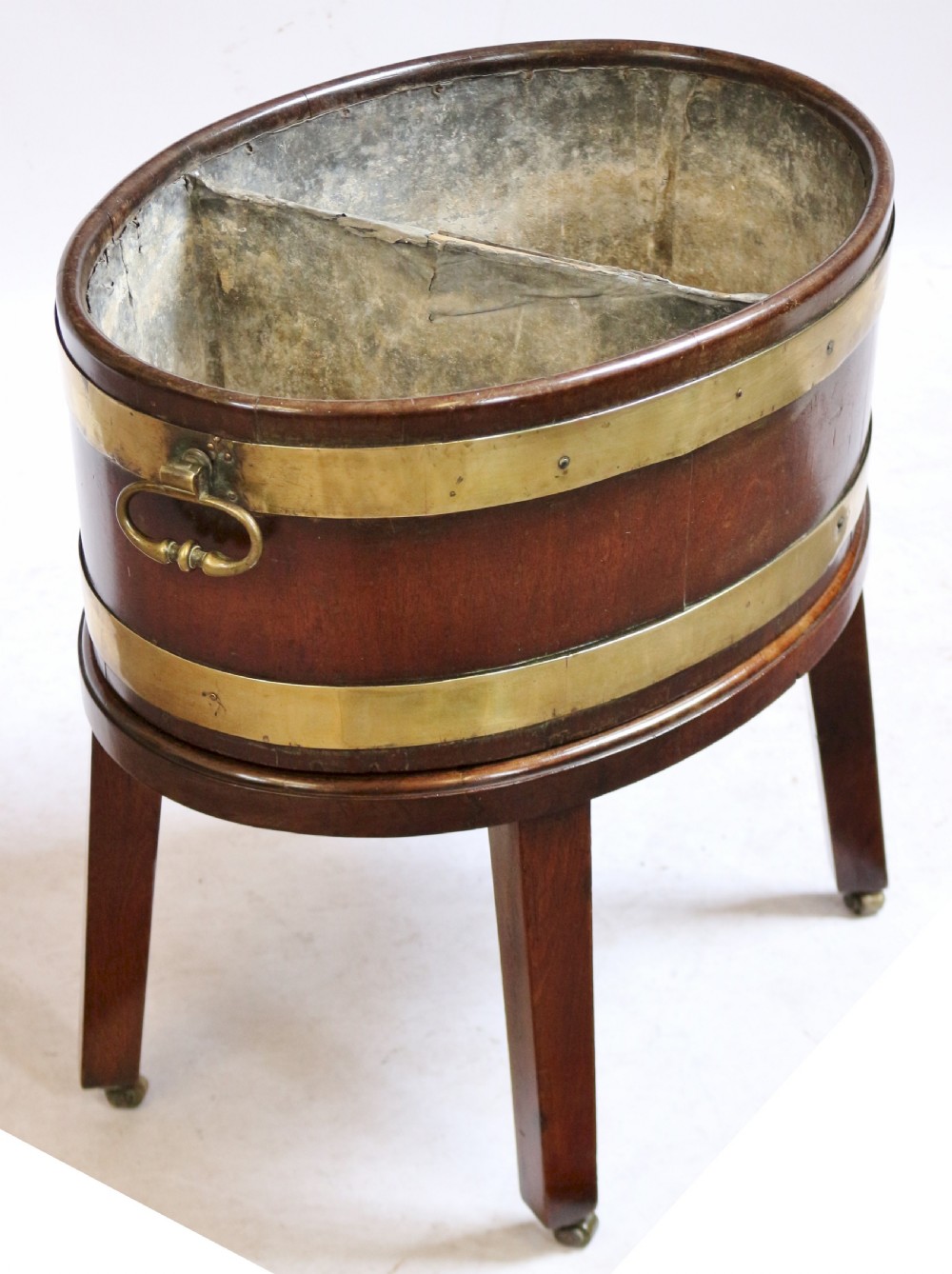 George 111 Mahogany Brass Bound Oval Wine Cooler on Square Leg Stand View IV
