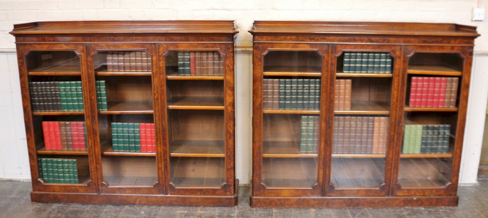 Fine Pair of Victorian Figured Walnut 3 Door Dwarf Bookcases