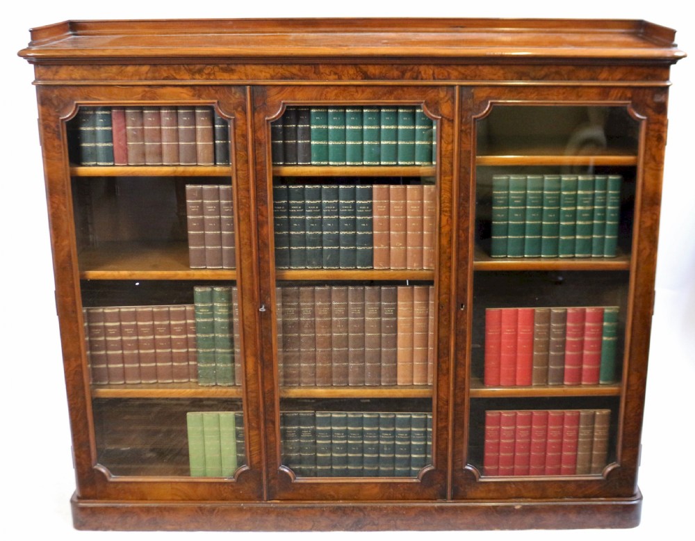 Fine Pair of Victorian Figured Walnut 3 Door Dwarf Bookcases View II