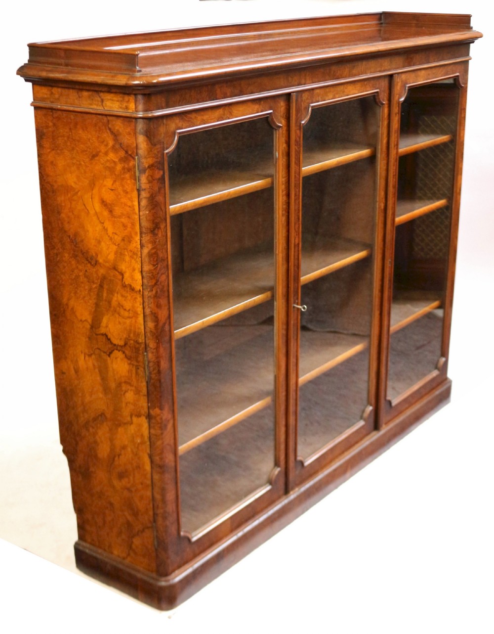 Fine Pair of Victorian Figured Walnut 3 Door Dwarf Bookcases View VI