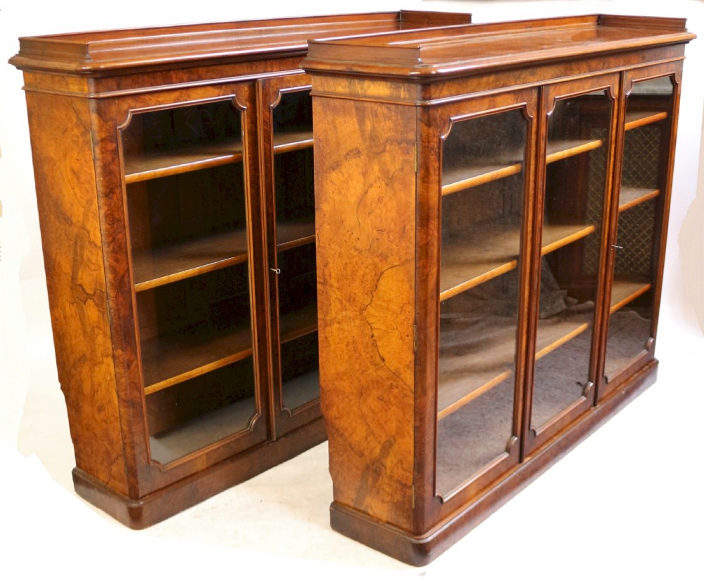 Fine Pair of Victorian Figured Walnut 3 Door Dwarf Bookcases View VII