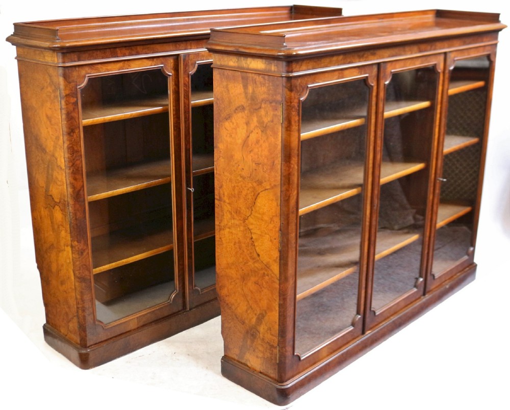 Fine Pair of Victorian Figured Walnut 3 Door Dwarf Bookcases View VIII