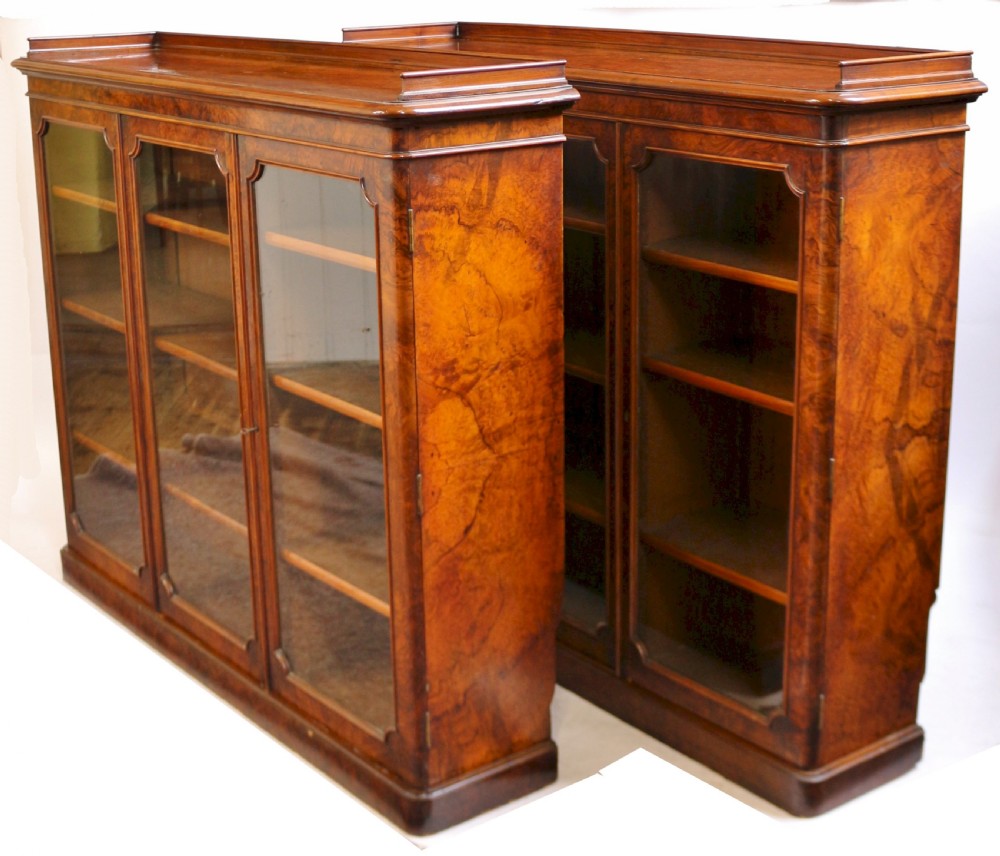 Fine Pair of Victorian Figured Walnut 3 Door Dwarf Bookcases View IX