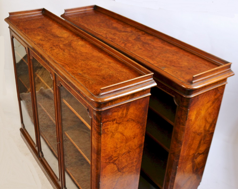Fine Pair of Victorian Figured Walnut 3 Door Dwarf Bookcases View X