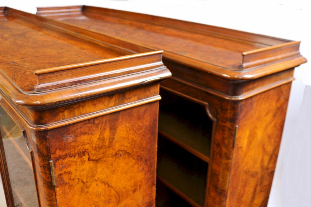 Fine Pair of Victorian Figured Walnut 3 Door Dwarf Bookcases View XIII