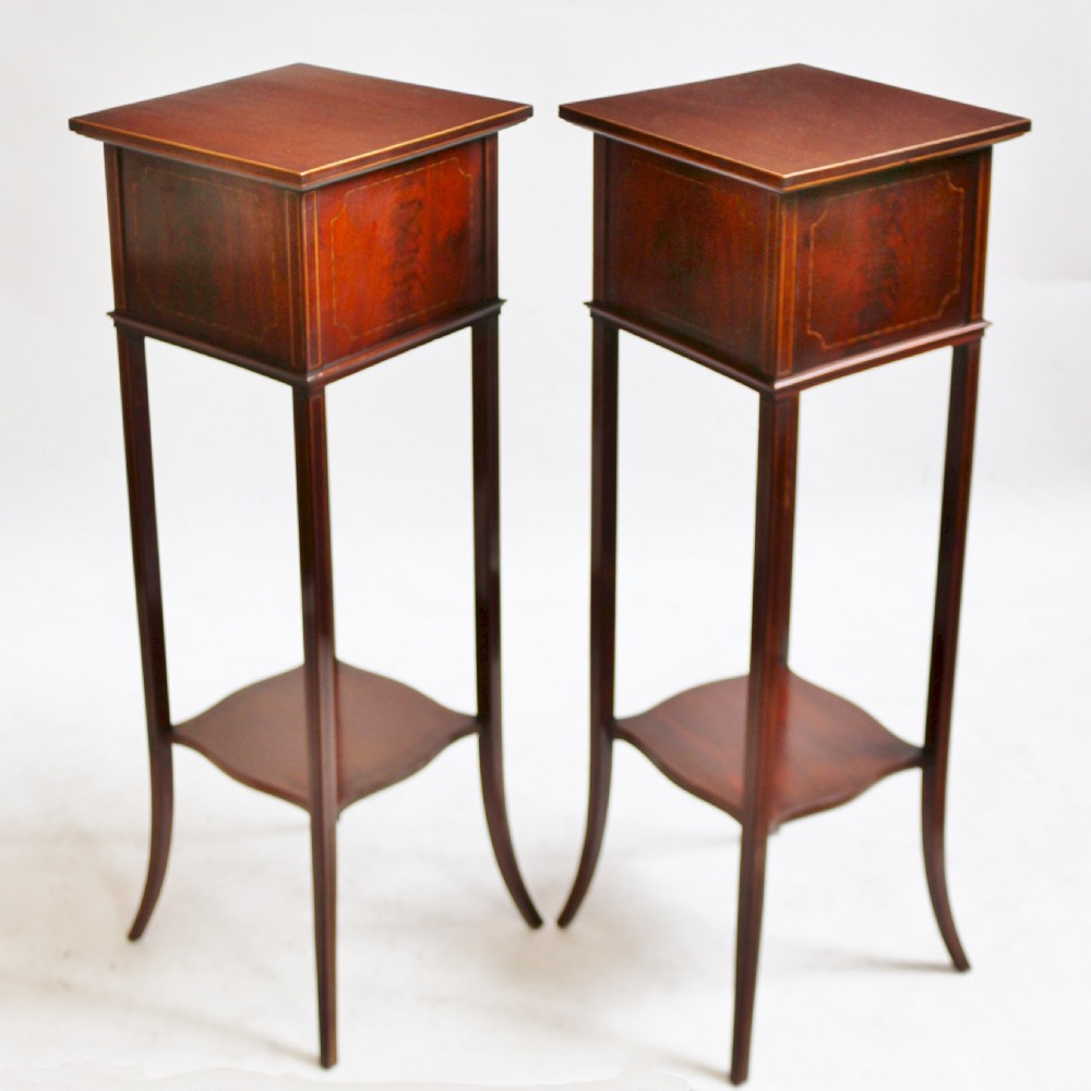 Edwardian Mahogany Inlaid Pair of Torcheres View II