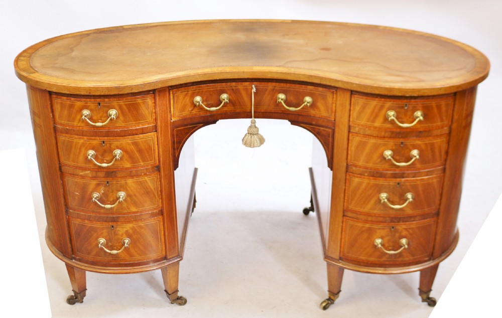Edwardian Inlaid Figured Mahogany Kidney Shaped Desk
