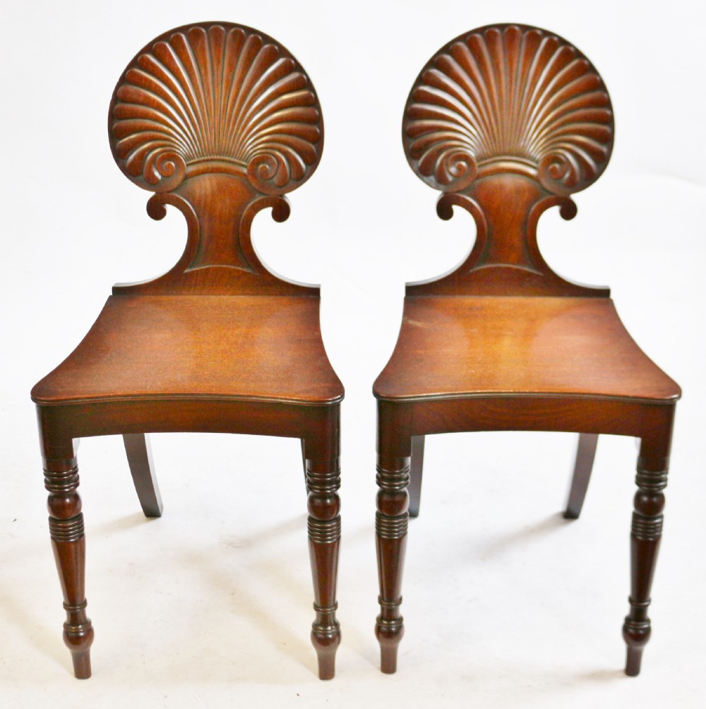 Regency Mahogany Pair of Hall Chairs with Shell Carved Back