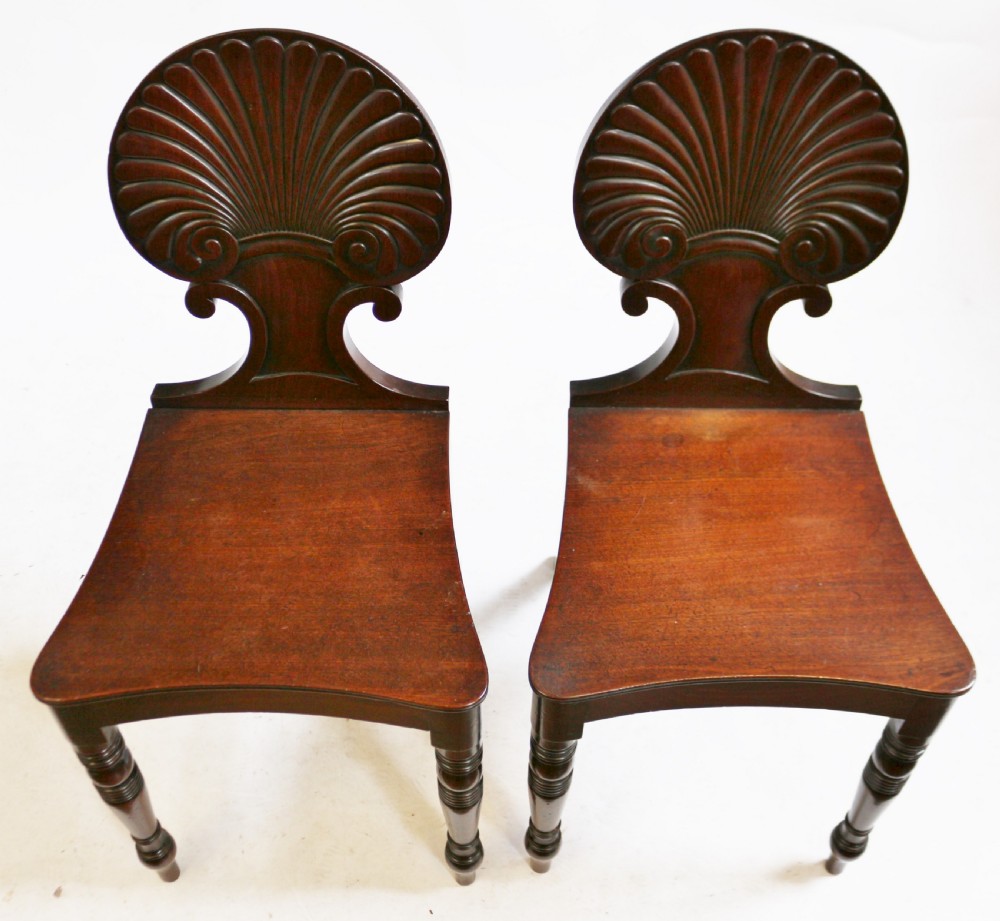 Regency Mahogany Pair of Hall Chairs with Shell Carved Back View II