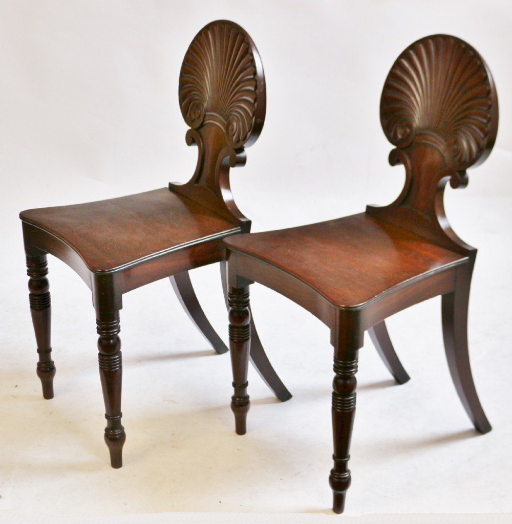Regency Mahogany Pair of Hall Chairs with Shell Carved Back View III