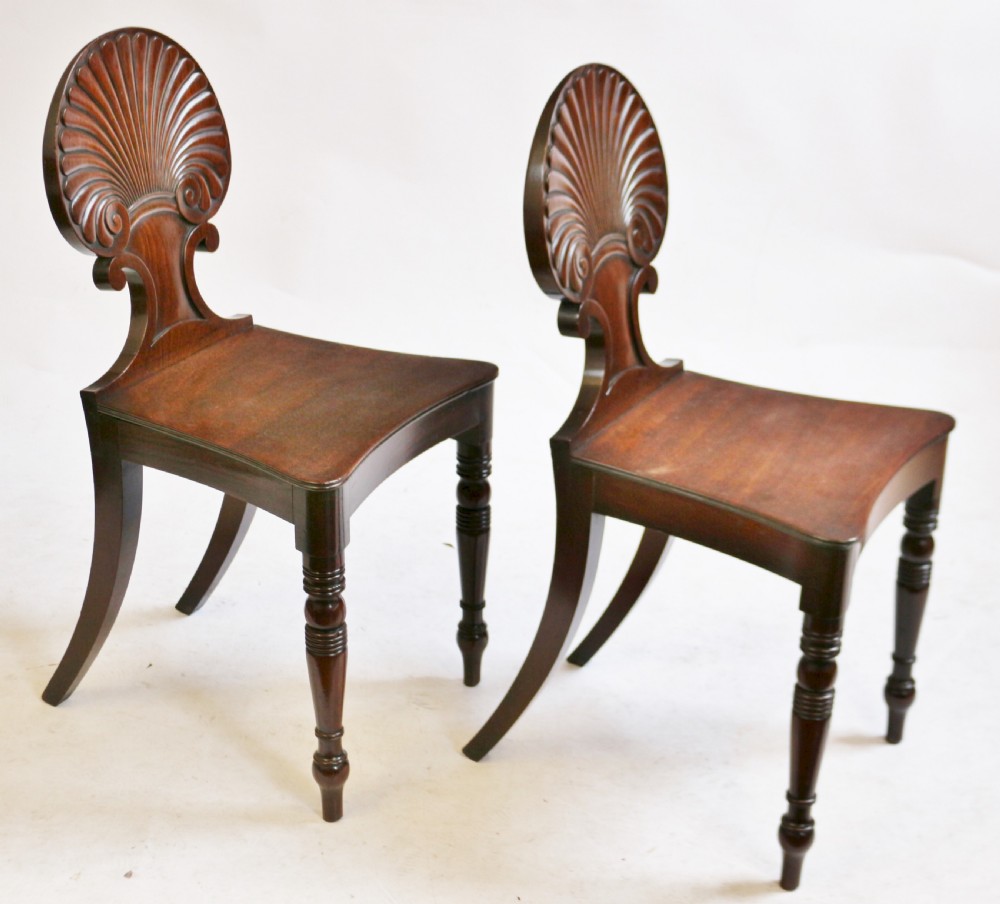 Regency Mahogany Pair of Hall Chairs with Shell Carved Back View IV