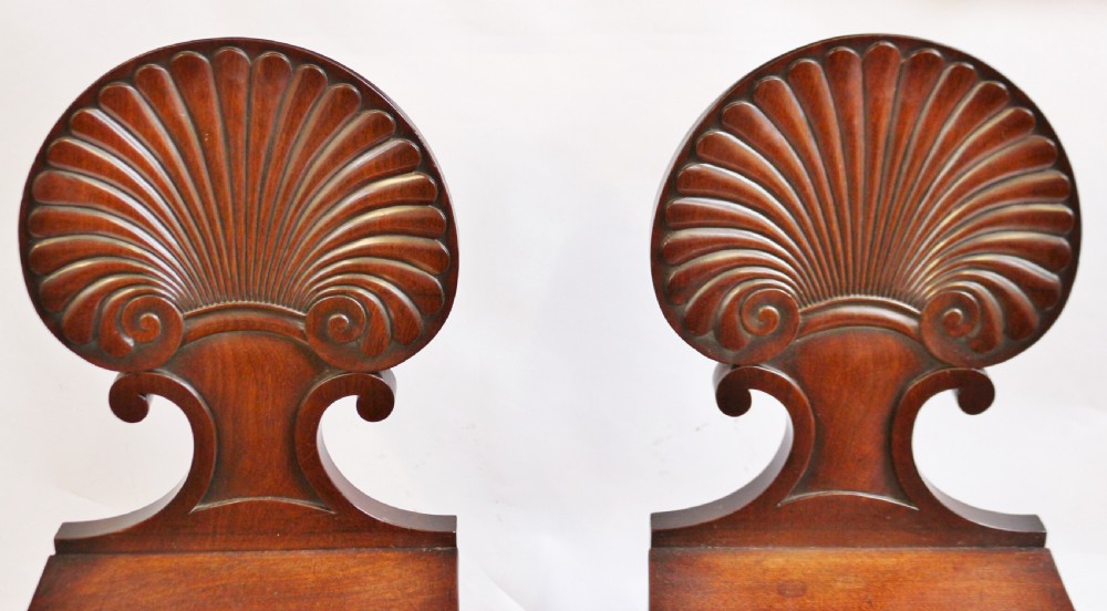 Regency Mahogany Pair of Hall Chairs with Shell Carved Back View VI