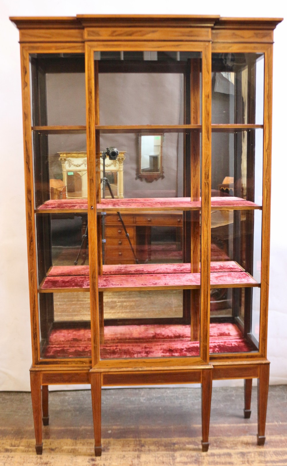 Fine Quality Late 19c Rosewood and Satinwood Breakfront Display Cabinet