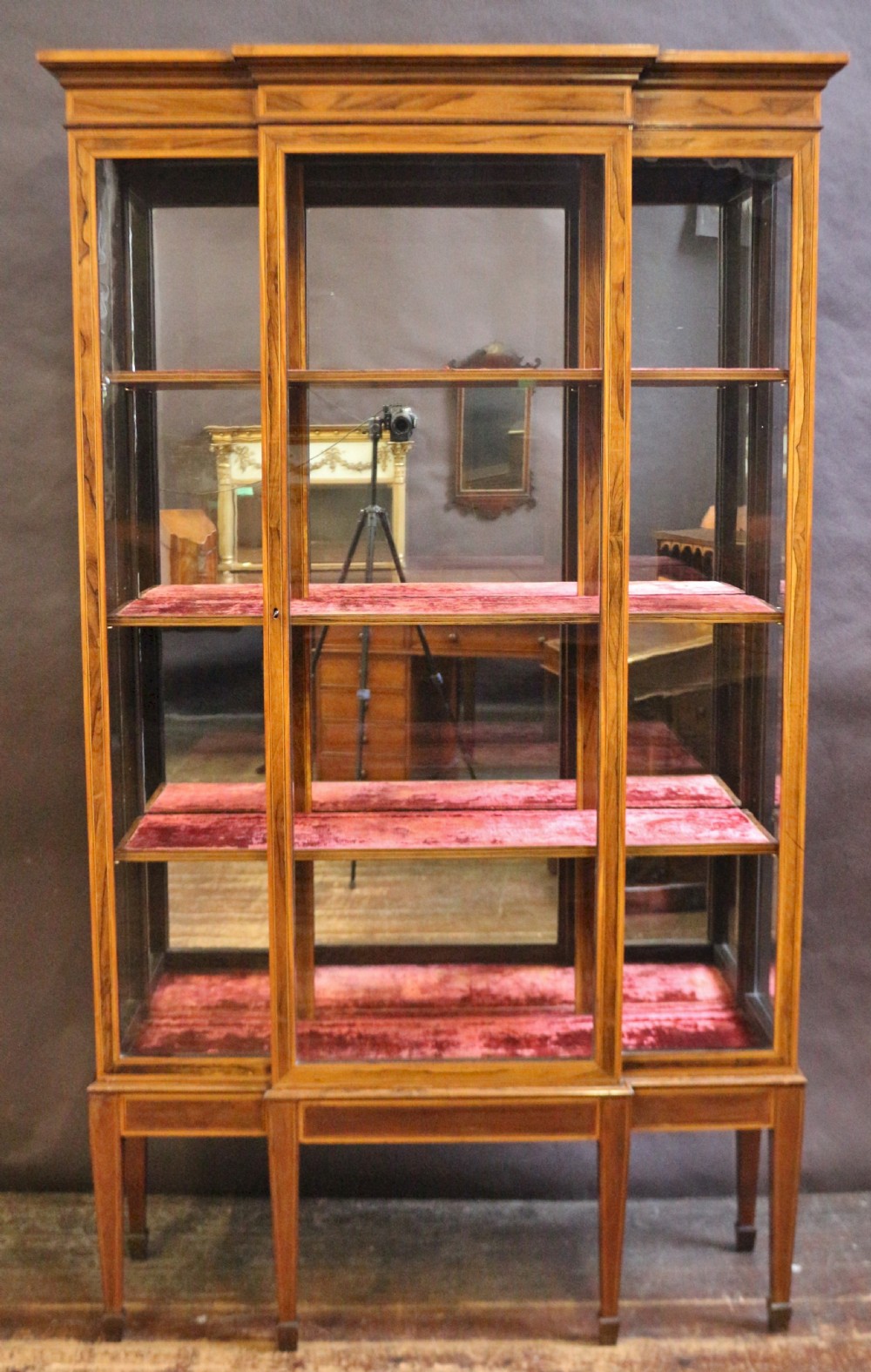 Fine Quality Late 19c Rosewood and Satinwood Breakfront Display Cabinet View II