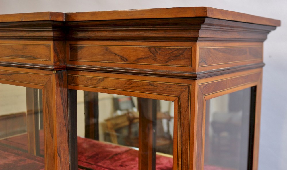 Fine Quality Late 19c Rosewood and Satinwood Breakfront Display Cabinet View VIII