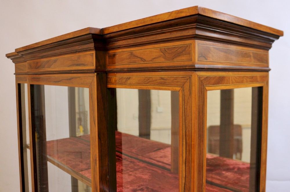Fine Quality Late 19c Rosewood and Satinwood Breakfront Display Cabinet View IX