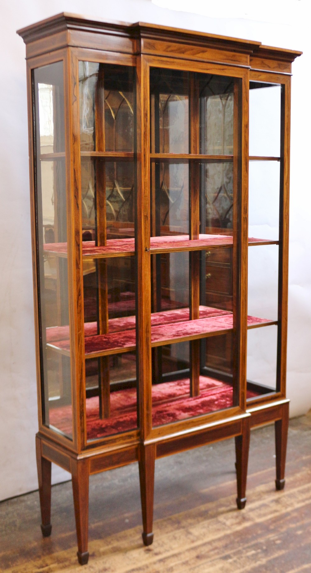 Fine Quality Late 19c Rosewood and Satinwood Breakfront Display Cabinet View XII