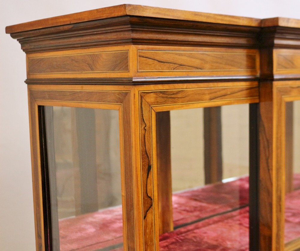 Fine Quality Late 19c Rosewood and Satinwood Breakfront Display Cabinet View XIII