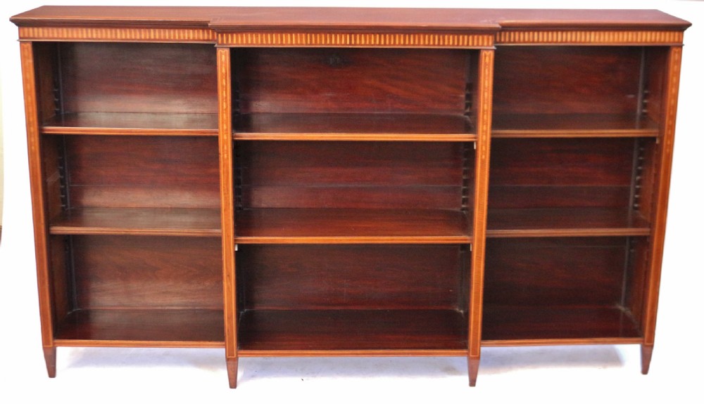 Edwardian Mahogany Inlaid Breakfront Dwarf Open Bookcase