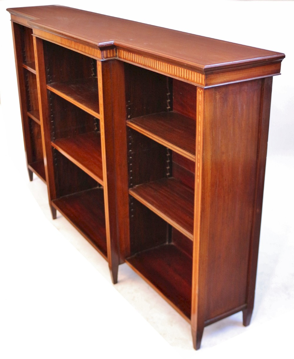 Edwardian Mahogany Inlaid Breakfront Dwarf Open Bookcase View II